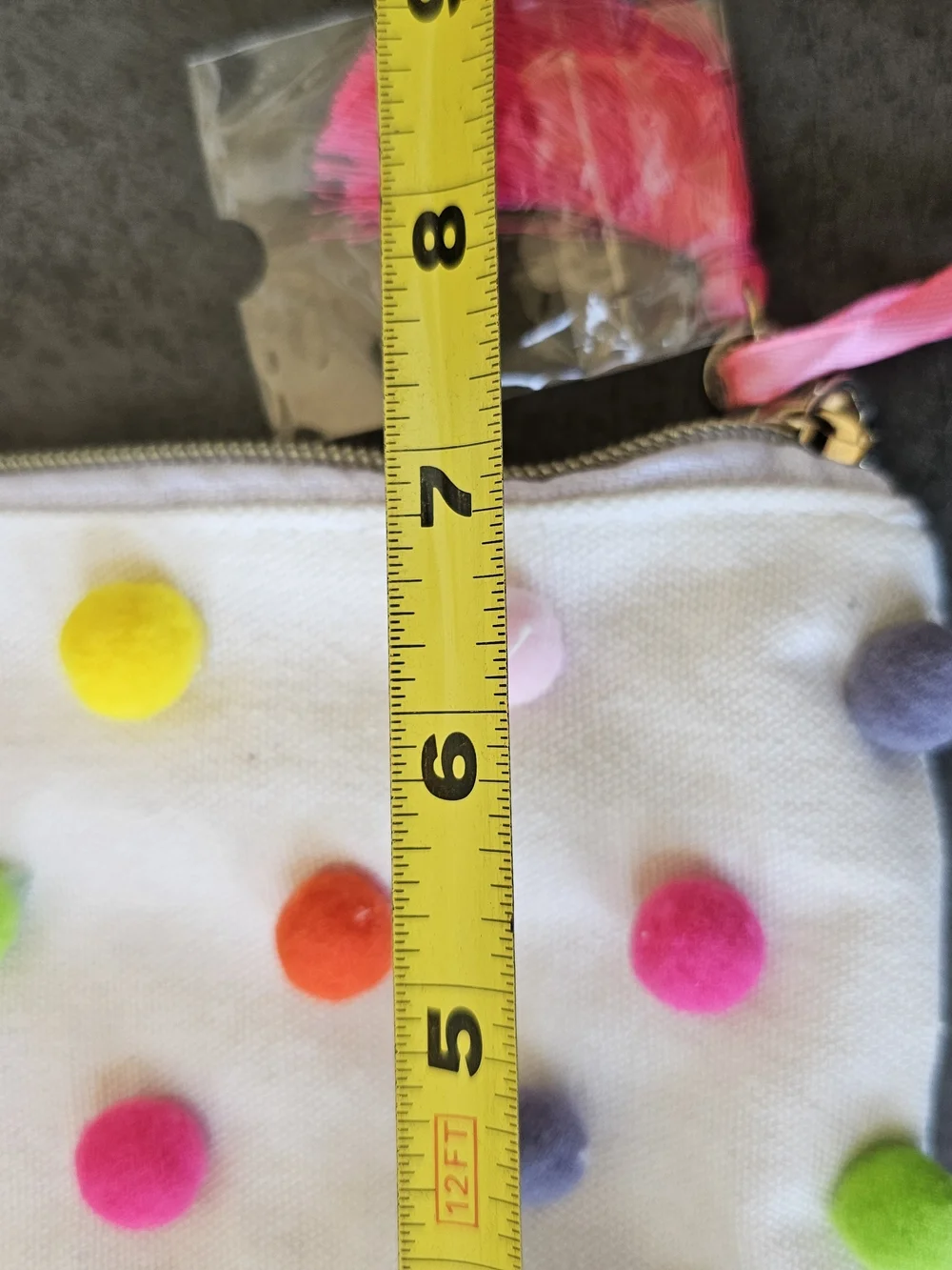 White Pom-Pom Cosmetic Pouch with Multicolor Dots